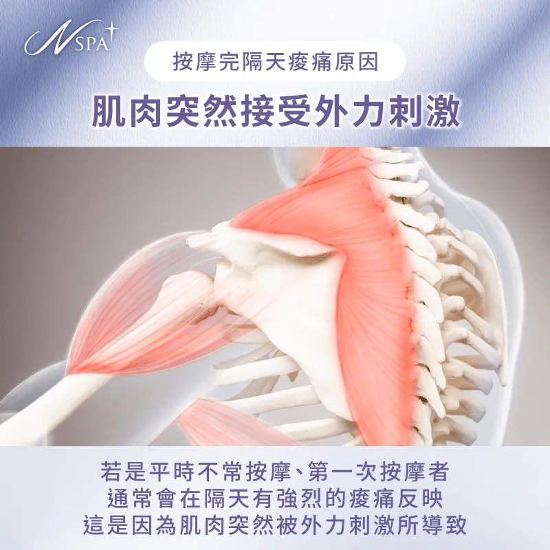 初次按摩或是不常按摩的朋友們,最常出現按摩隔天腰酸背痛的情形,這是因為肌肉突然受到外力刺激 肌肉突然受到外力刺激-按摩完隔天腰酸背痛