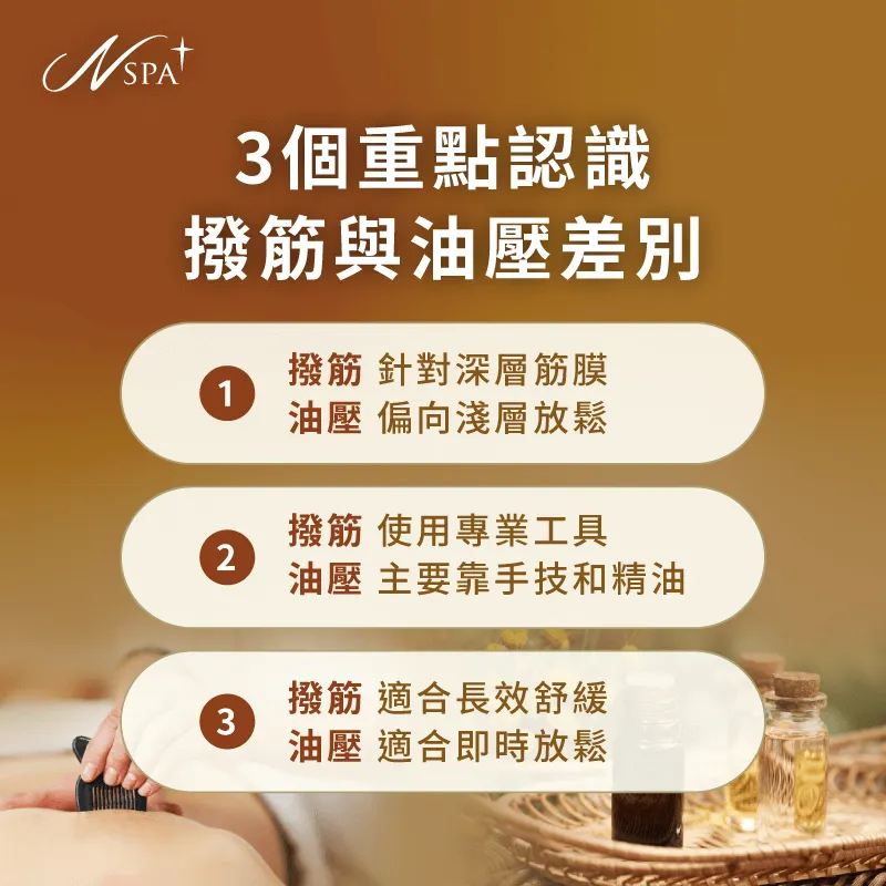 撥筋針對深層的筋膜層,效果較長效;而油壓按摩則著重淺層肌肉的即時舒緩與放鬆 撥筋跟油壓按摩的3個差別-撥筋 按摩 差別