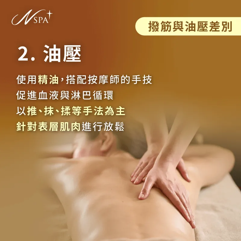 油壓透過溫柔手法和精油的滋潤,不僅放鬆表層肌肉,還能舒緩精神與情緒 油壓的手法與效果-撥筋 油壓 差別