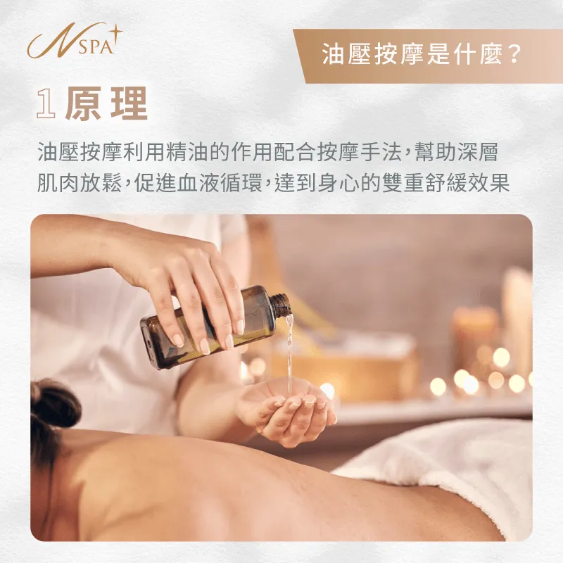 藉由精油與按摩手法的結合,幫助釋放肌肉的壓力,同時使精油成分更好地滲透肌膚,達到身心放鬆的效果 油壓按摩原理-油壓按摩是什麼